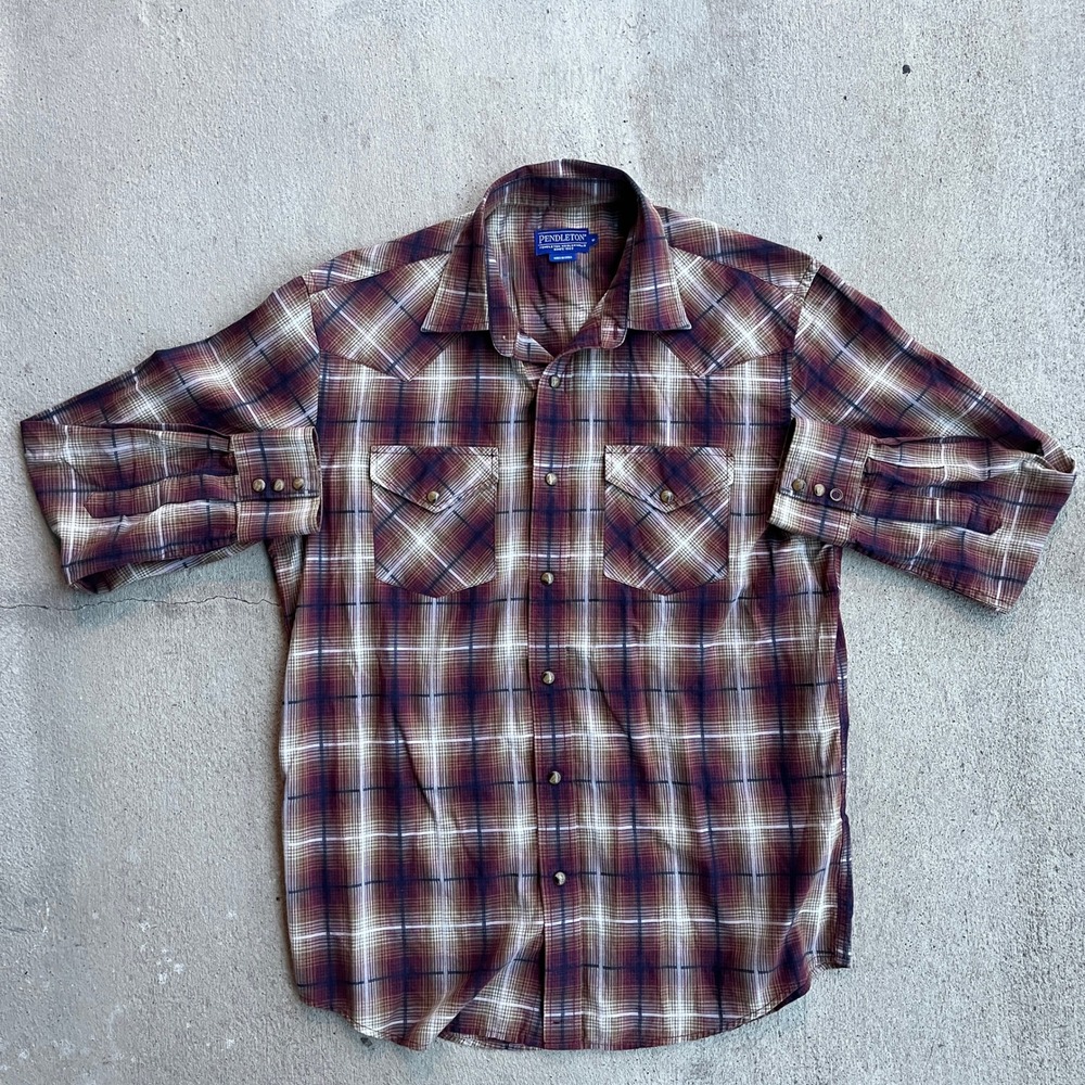 Pendleton Shirt Mens Size Medium Burgundy Pearl Snap Long Sleeve Western‎